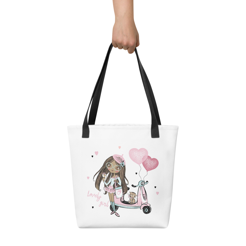 Lovely Girl Scooter Tote Bag – Cute Pink Fashion Girl Canvas Tote with Cat & Heart Balloons | Stylish Reusable Shopping Bag
