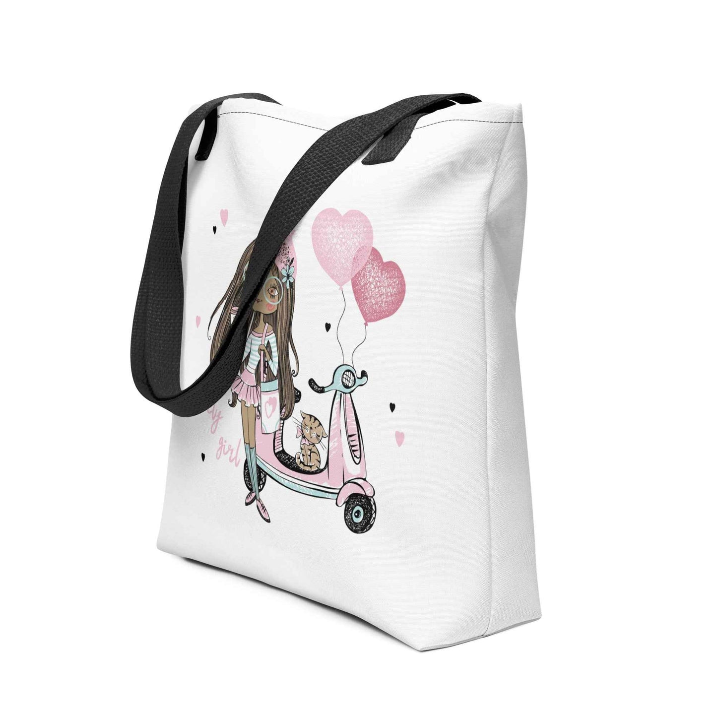 Lovely Girl Scooter Tote Bag – Cute Pink Fashion Girl Canvas Tote with Cat & Heart Balloons | Stylish Reusable Shopping Bag