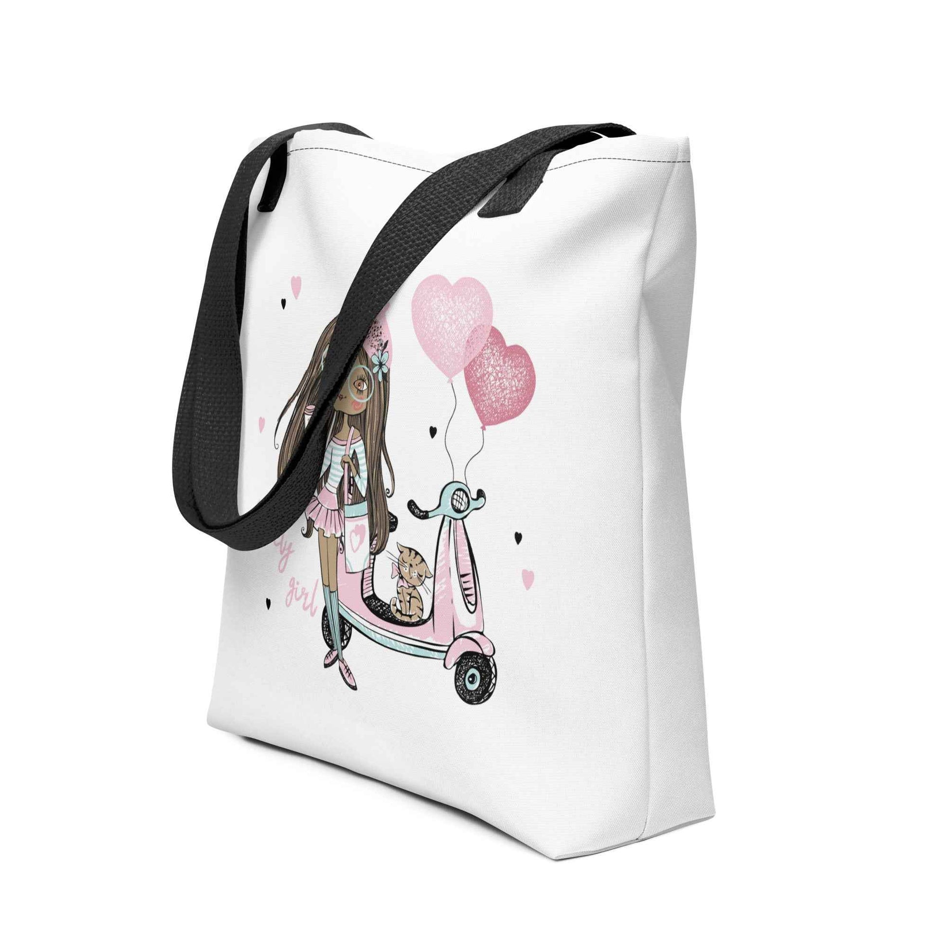 Lovely Girl Scooter Tote Bag – Cute Pink Fashion Girl Canvas Tote with Cat & Heart Balloons | Stylish Reusable Shopping Bag
