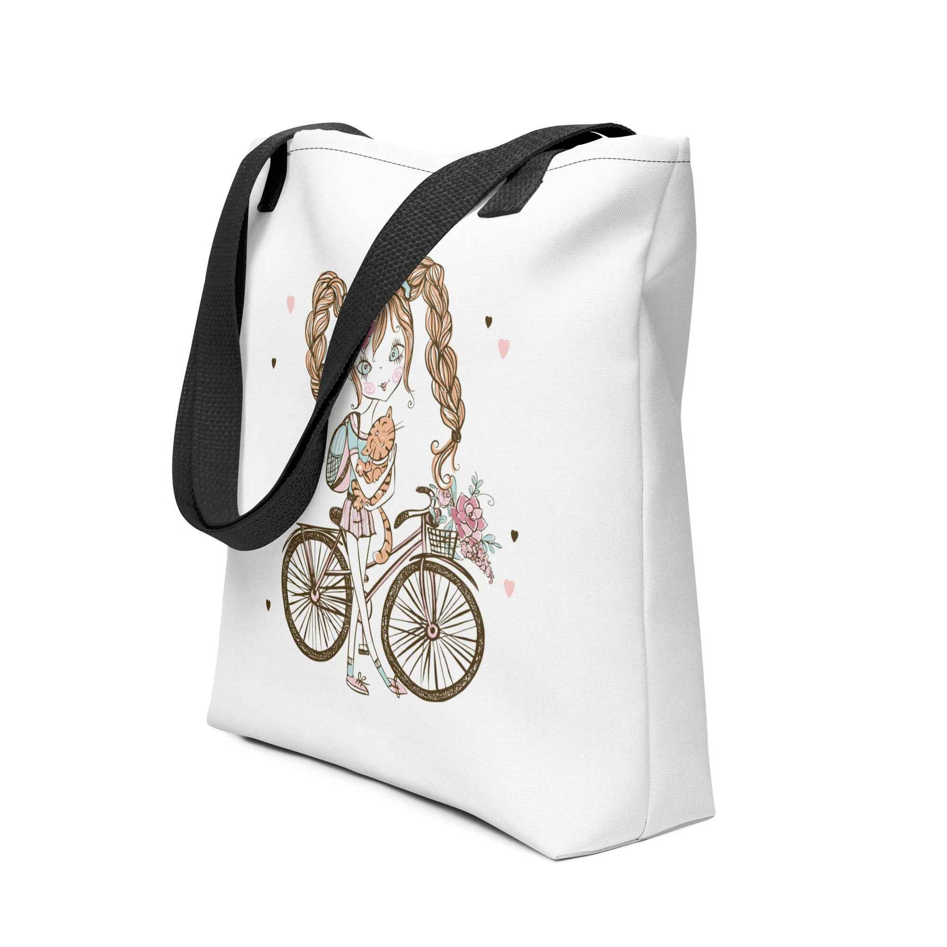 Cute Girl Bicycle Tote Bag with Cat – Adorable Cartoon Girl Canvas Shopping Bag | Reusable Aesthetic Tote