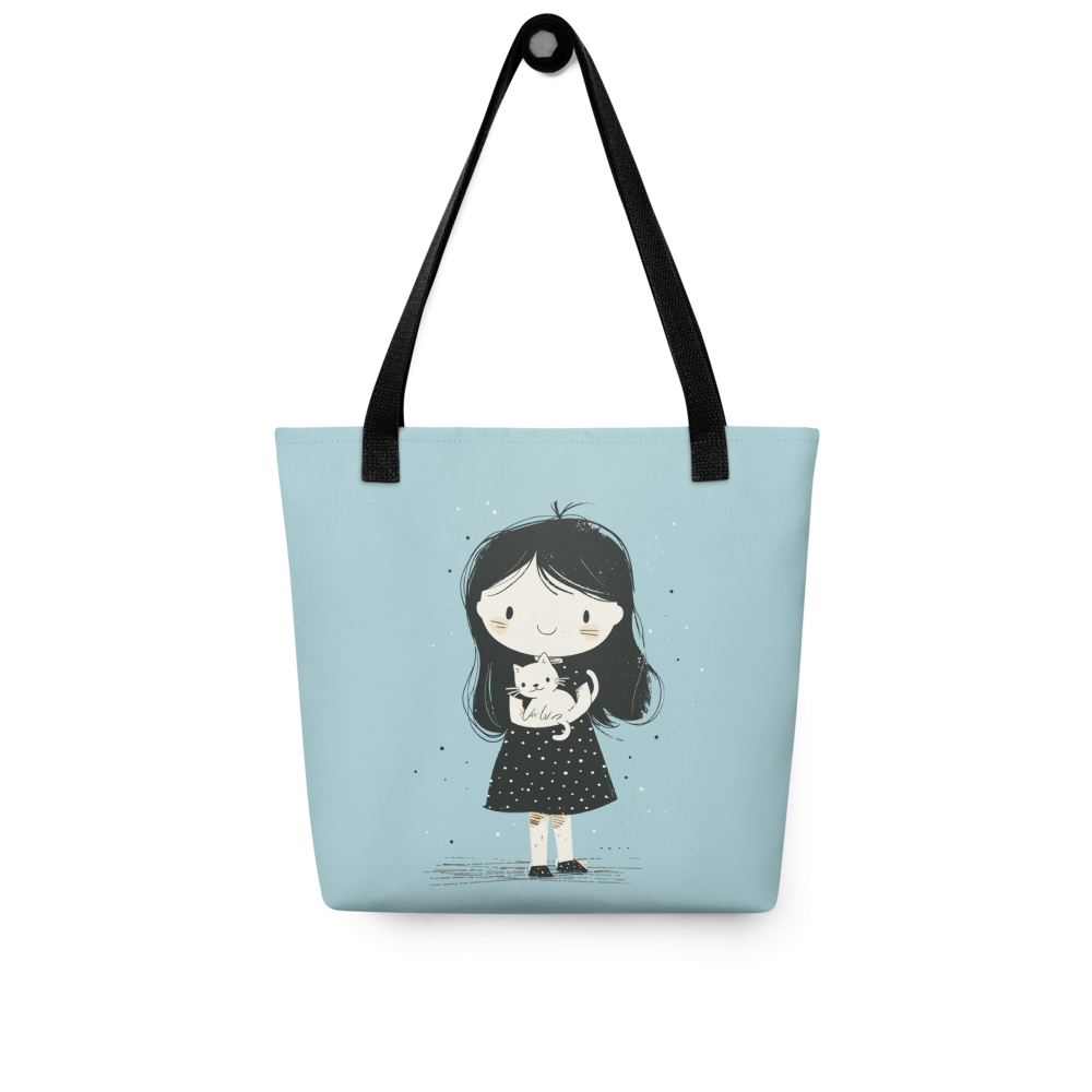 Cute Girl Holding Cat Tote Bag – Minimalist Cartoon Girl Canvas Tote | Cat Lover Tote Bag