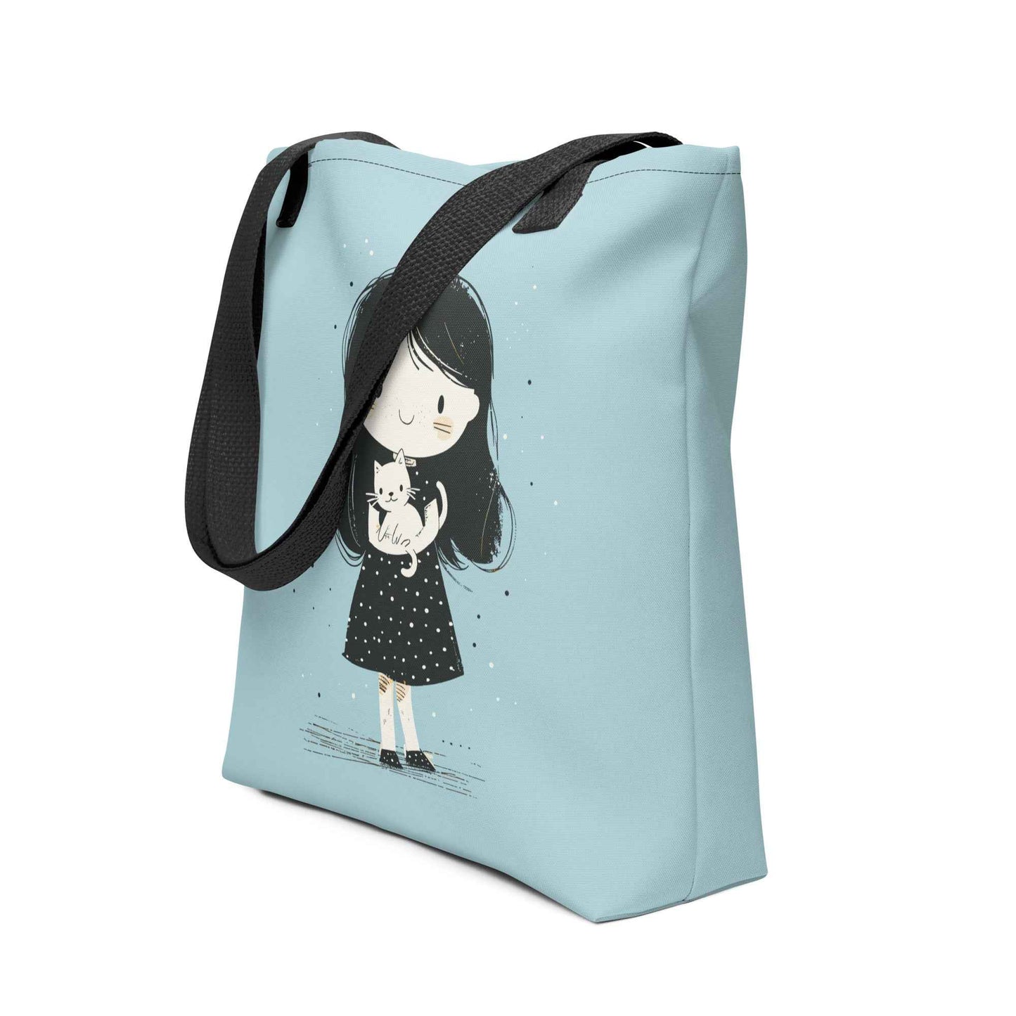 Cute Girl Holding Cat Tote Bag – Minimalist Cartoon Girl Canvas Tote | Cat Lover Tote Bag
