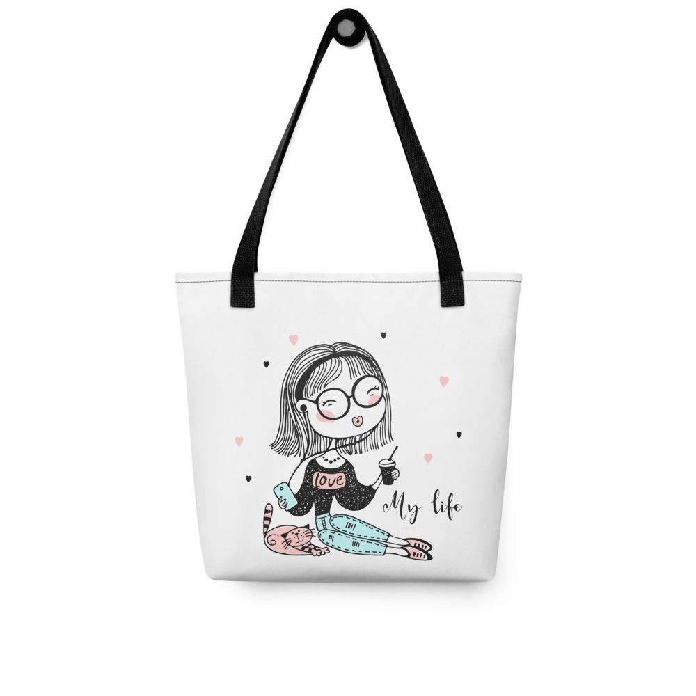 My Life Cute Girl Tote Bag – Aesthetic Coffee & Cat Canvas Tote