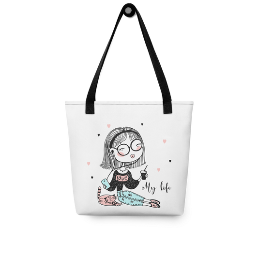 My Life Cute Girl Tote Bag – Aesthetic Coffee & Cat Canvas Tote