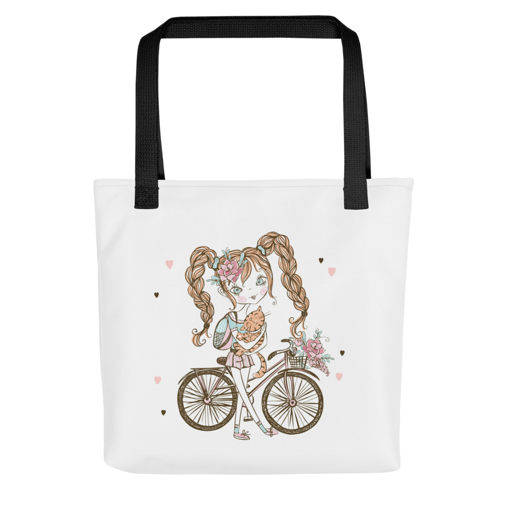 Cute Girl Bicycle Tote Bag with Cat – Adorable Cartoon Girl Canvas Shopping Bag | Reusable Aesthetic Tote