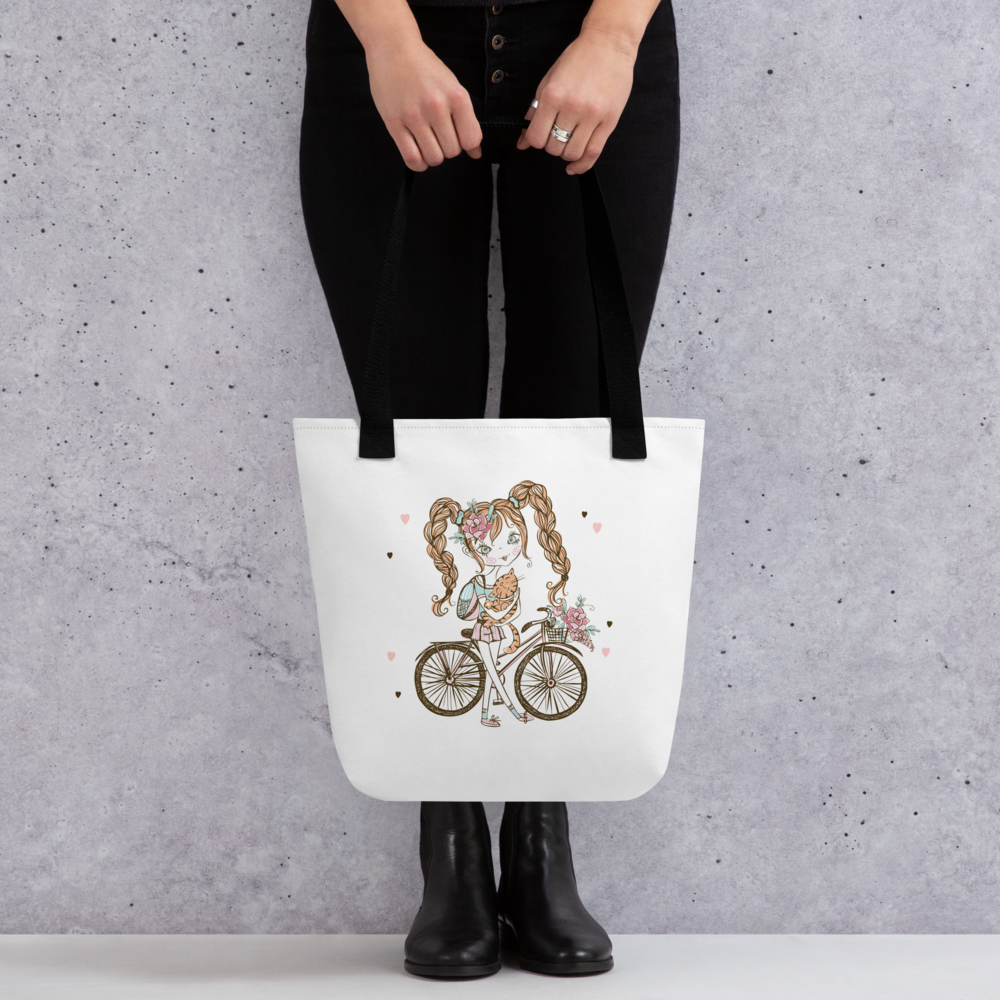 Cute Girl Bicycle Tote Bag with Cat – Adorable Cartoon Girl Canvas Shopping Bag | Reusable Aesthetic Tote