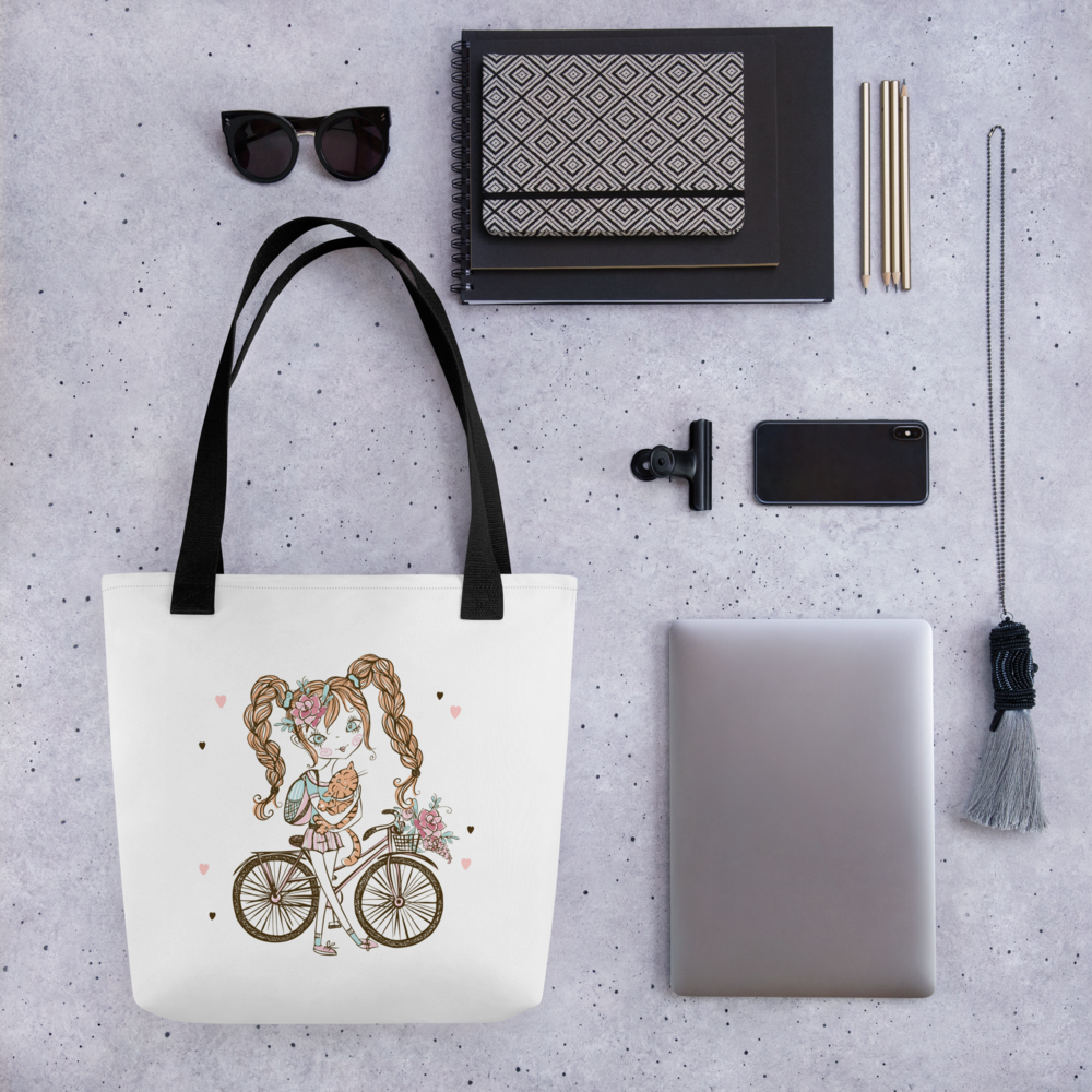 Cute Girl Bicycle Tote Bag with Cat – Adorable Cartoon Girl Canvas Shopping Bag | Reusable Aesthetic Tote