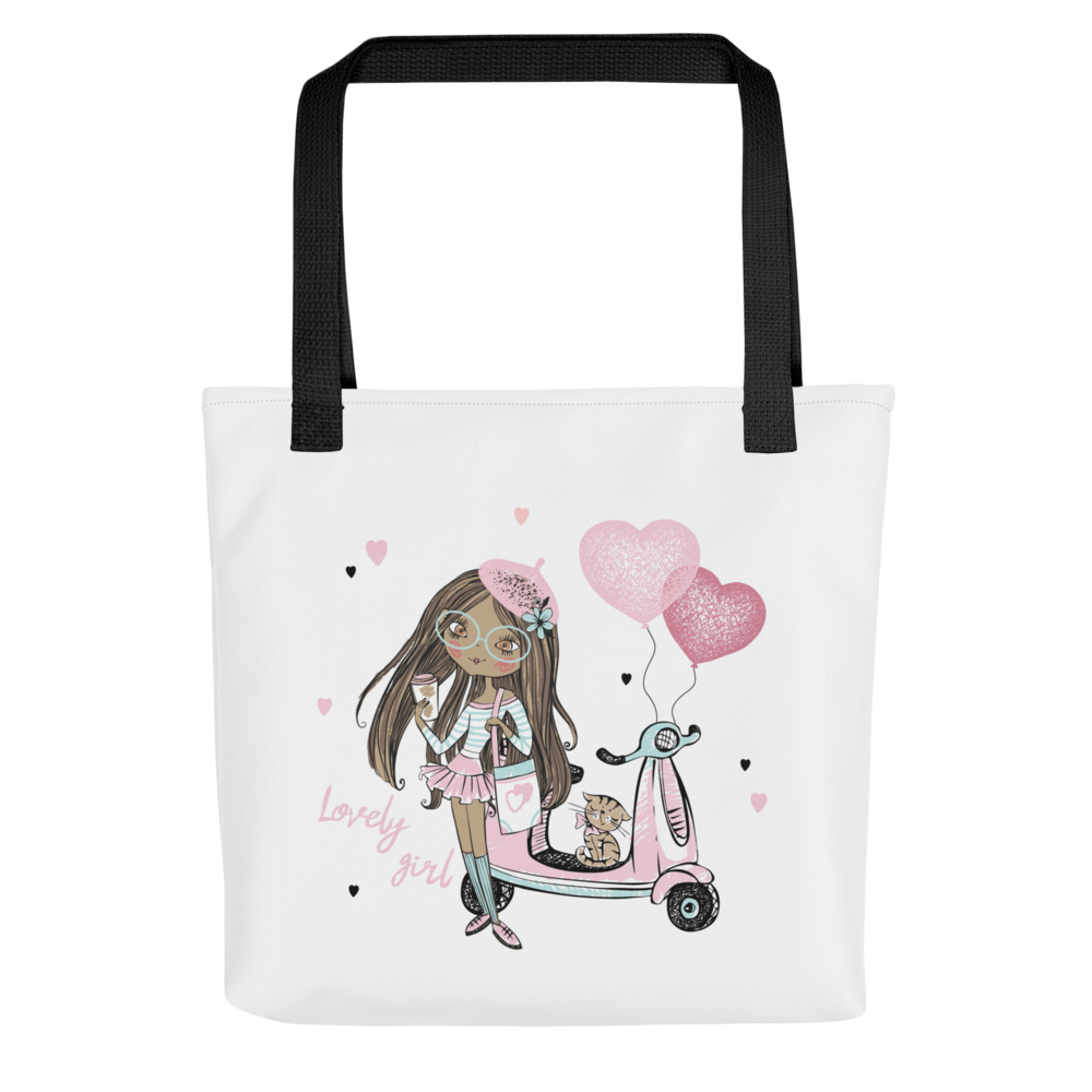 Lovely Girl Scooter Tote Bag – Cute Pink Fashion Girl Canvas Tote with Cat & Heart Balloons | Stylish Reusable Shopping Bag