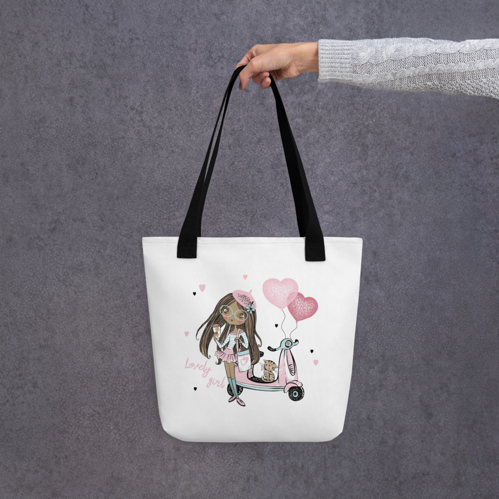 Lovely Girl Scooter Tote Bag – Cute Pink Fashion Girl Canvas Tote with Cat & Heart Balloons | Stylish Reusable Shopping Bag