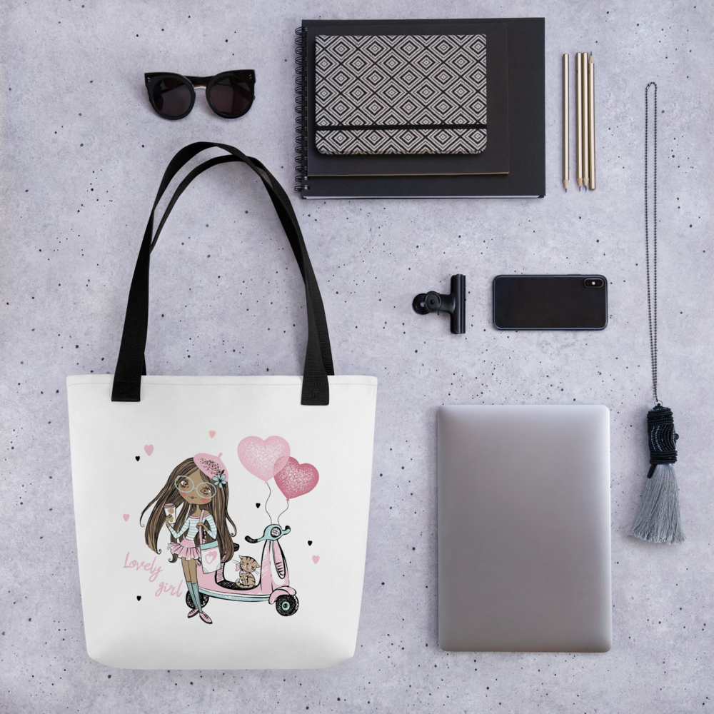 Lovely Girl Scooter Tote Bag – Cute Pink Fashion Girl Canvas Tote with Cat & Heart Balloons | Stylish Reusable Shopping Bag
