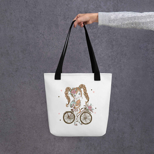 Cute Girl Bicycle Tote Bag with Cat – Adorable Cartoon Girl Canvas Shopping Bag | Reusable Aesthetic Tote