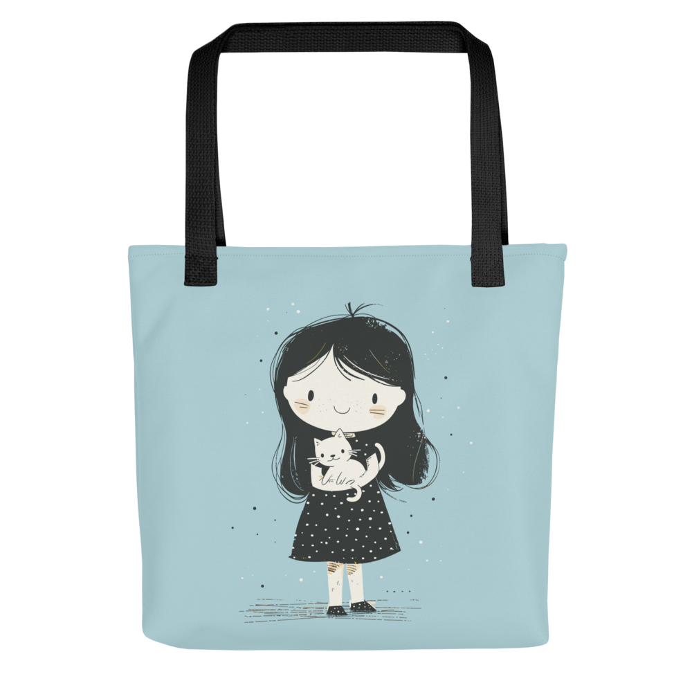 Cute Girl Holding Cat Tote Bag – Minimalist Cartoon Girl Canvas Tote | Cat Lover Tote Bag