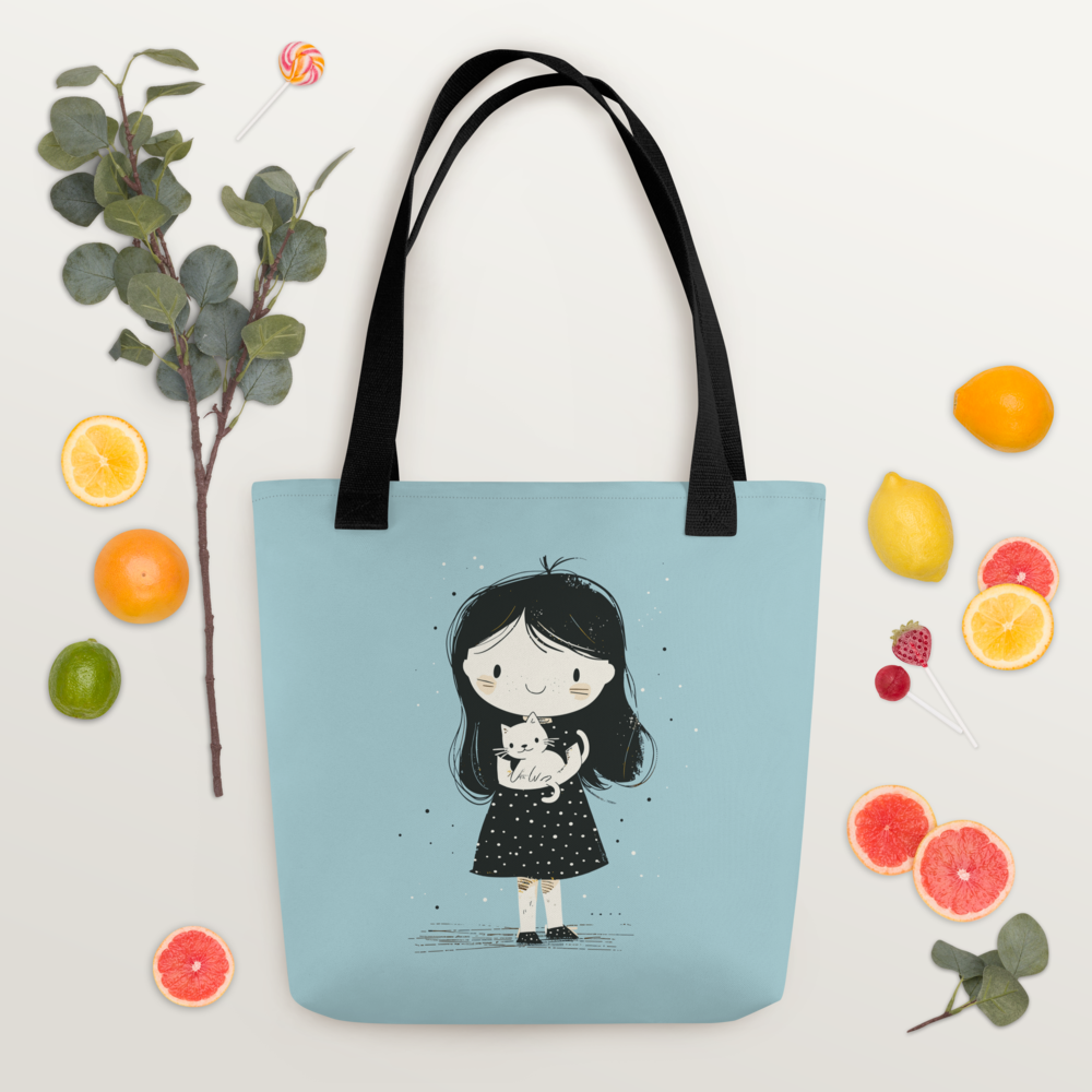 Cute Girl Holding Cat Tote Bag – Minimalist Cartoon Girl Canvas Tote | Cat Lover Tote Bag