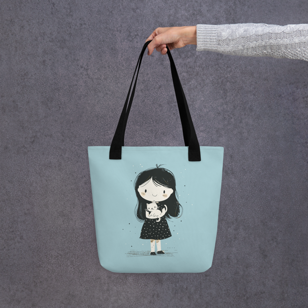 Cute Girl Holding Cat Tote Bag – Minimalist Cartoon Girl Canvas Tote | Cat Lover Tote Bag