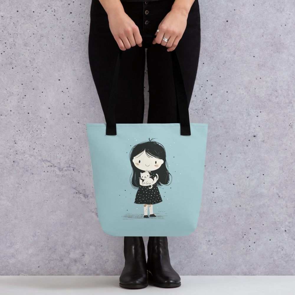 Cute Girl Holding Cat Tote Bag – Minimalist Cartoon Girl Canvas Tote | Cat Lover Tote Bag
