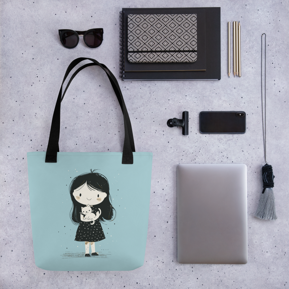 Cute Girl Holding Cat Tote Bag – Minimalist Cartoon Girl Canvas Tote | Cat Lover Tote Bag