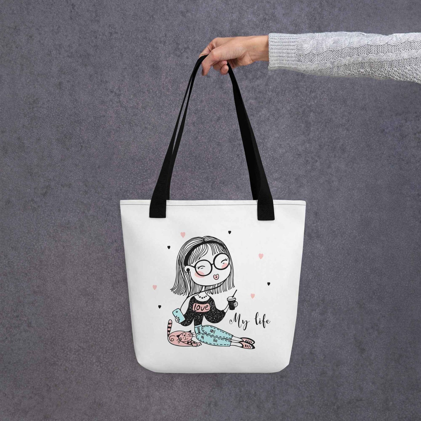 My Life Cute Girl Tote Bag – Aesthetic Coffee & Cat Canvas Tote