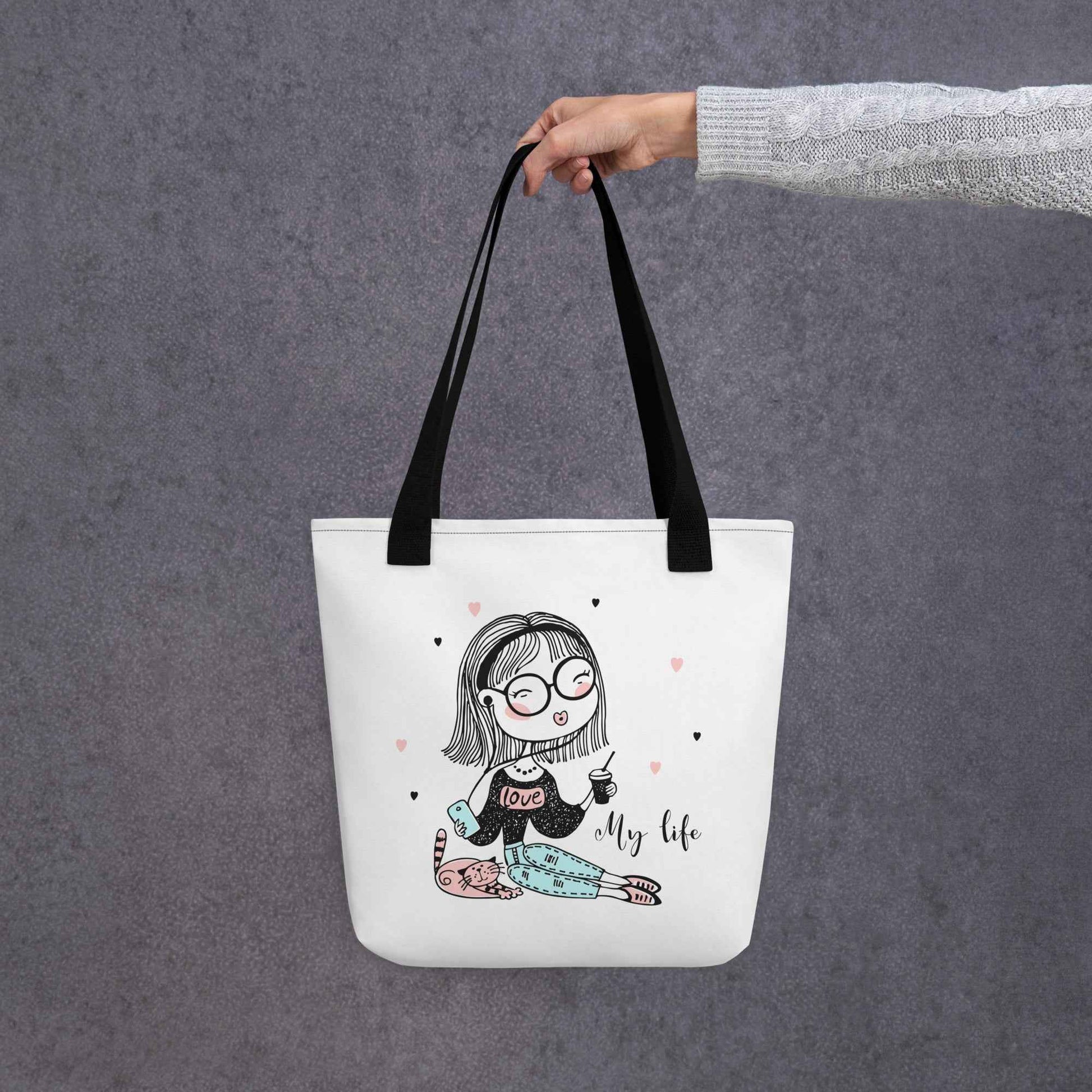 My Life Cute Girl Tote Bag – Aesthetic Coffee & Cat Canvas Tote