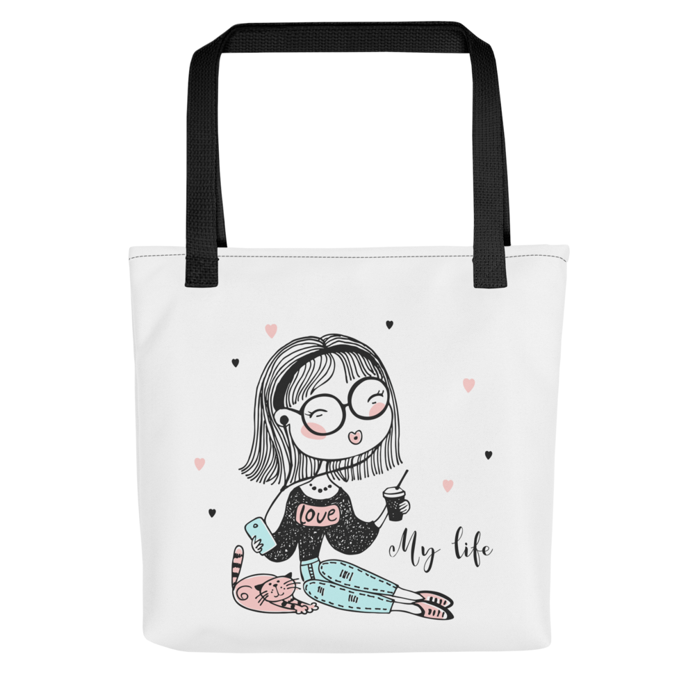 My Life Cute Girl Tote Bag – Aesthetic Coffee & Cat Canvas Tote