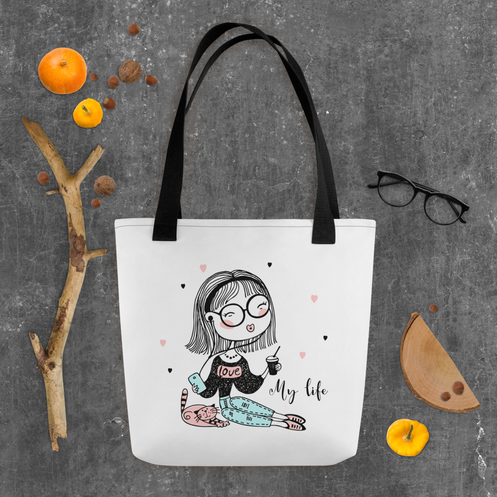 My Life Cute Girl Tote Bag – Aesthetic Coffee & Cat Canvas Tote