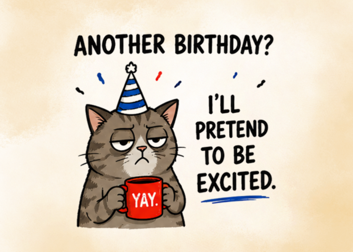 Funny Cat Birthday Card – “Another Birthday? I’ll Pretend To Be Excited” Sarcastic Birthday Greeting Card