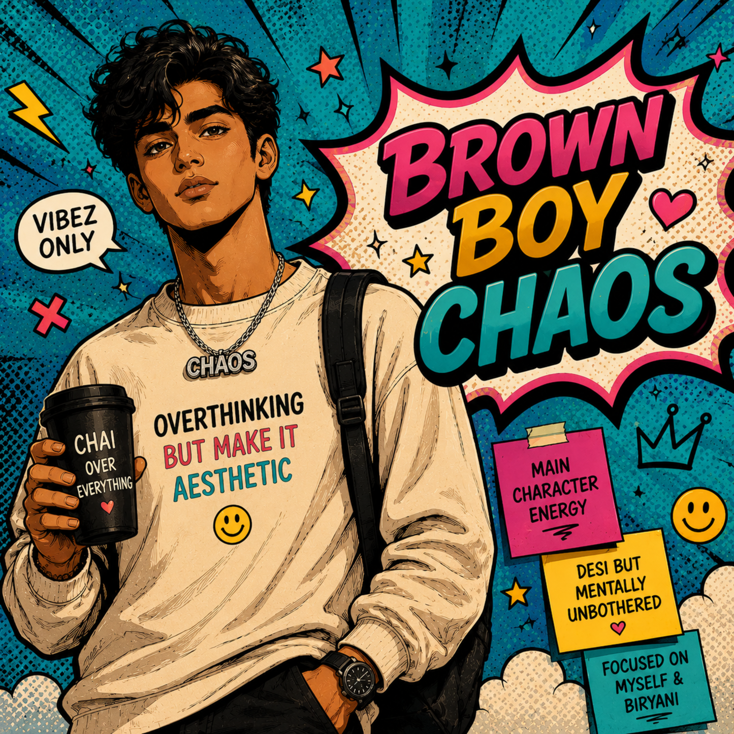 Brown Boy Chaos Canvas Print – Trendy Pop Art Wall Decor for Boys