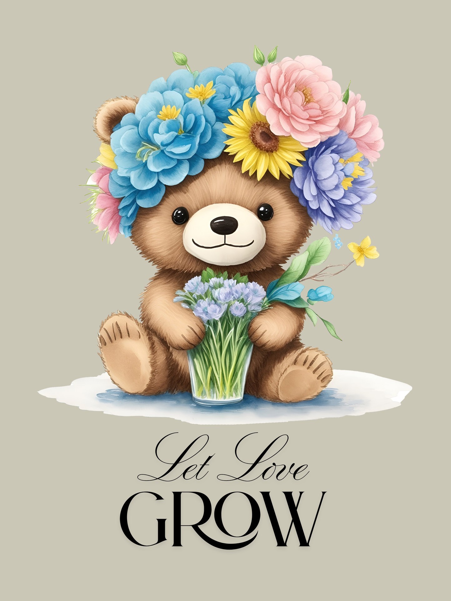 Let Love Grow – 12x16" Floral Bear Poster Print