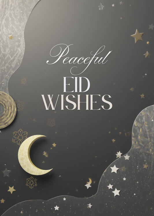 Peaceful Eid Wishes Greeting Card – Modern Starry Moon Design
