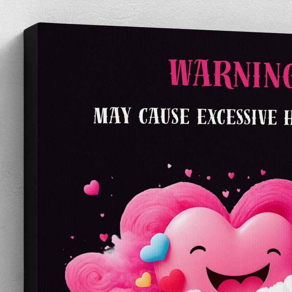 Warning: May Cause Excessive Happiness" Canvas Wall Art – Cute Pink Heart Cloud