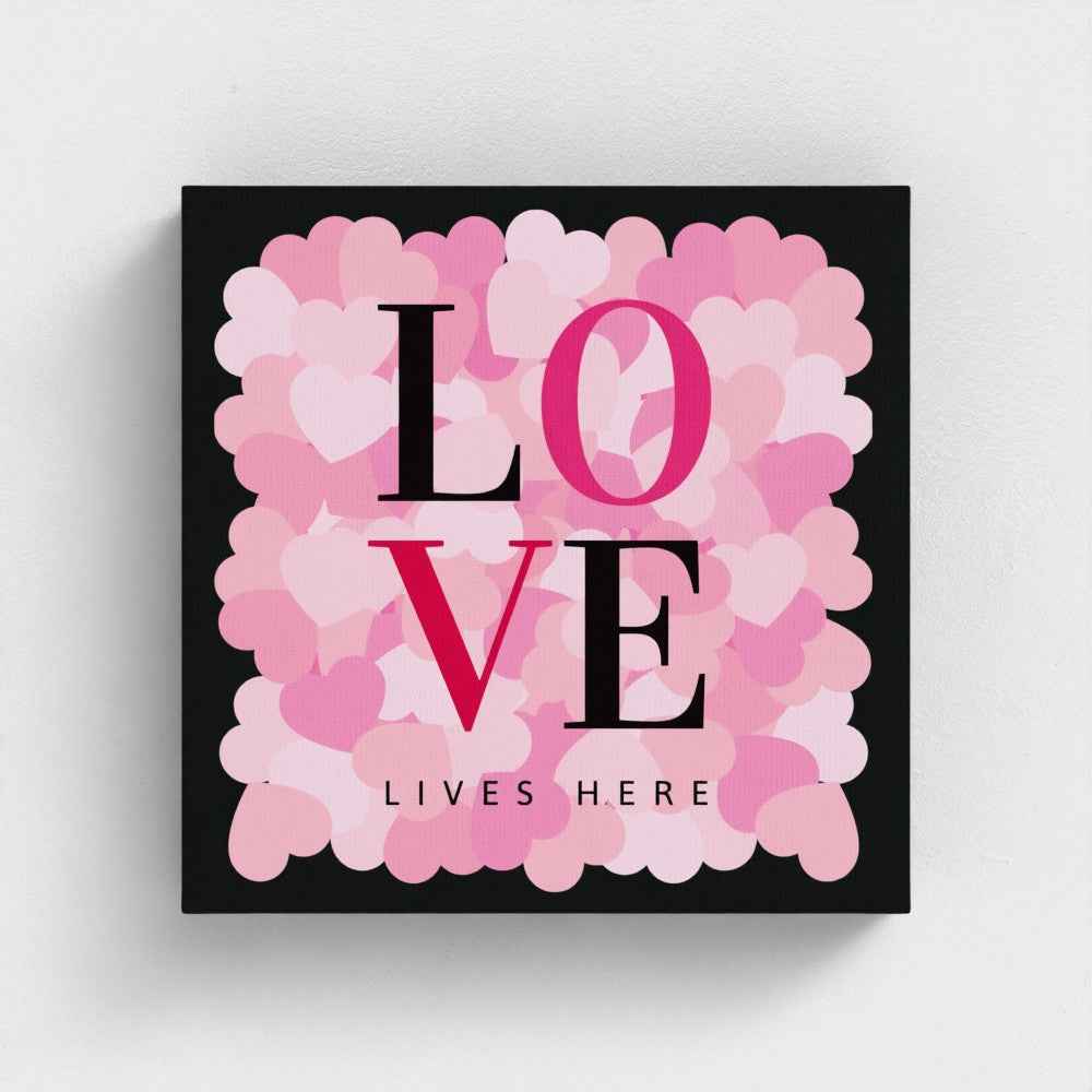 Love Lives Here – Pink Heart Wall Art Canvas Print (10x10")