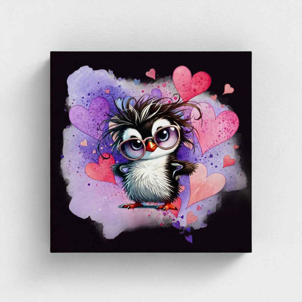 Sassy Penguin Canvas Wall Art – Cute Penguin with Glasses & Hearts (10x10")