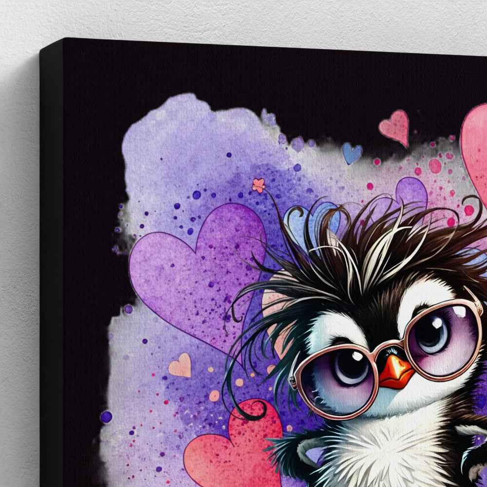 Sassy Penguin Canvas Wall Art – Cute Penguin with Glasses & Hearts (10x10")