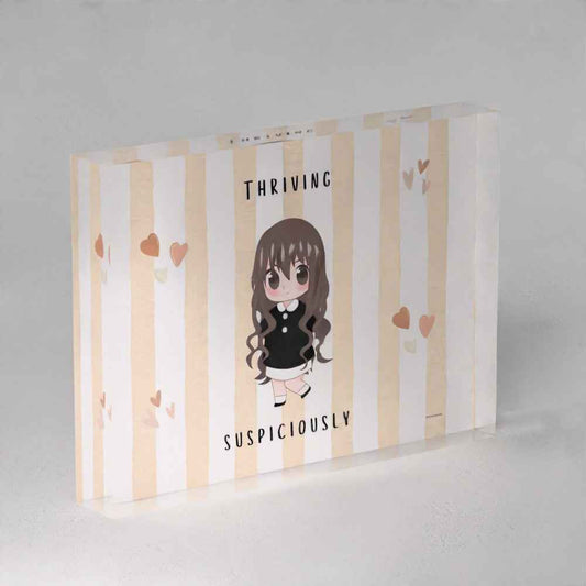 Thriving Suspiciously" Chibi Girl Acrylic Prism – Cute Kawaii Decor (5x7)