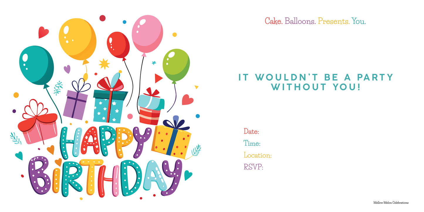 Colorful Birthday Party Invitation – Balloons, Gifts & Fun Design (Pack of 10)