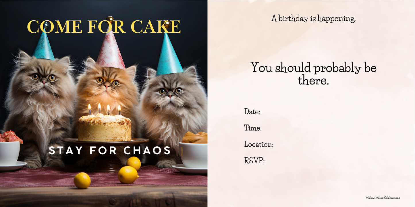 Chaos & Cake Cat Birthday Party Invitations – Pack of 10