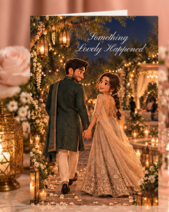Something Lovely Happened romantic Desi engagement card featuring an illustrated South Asian couple walking hand in hand