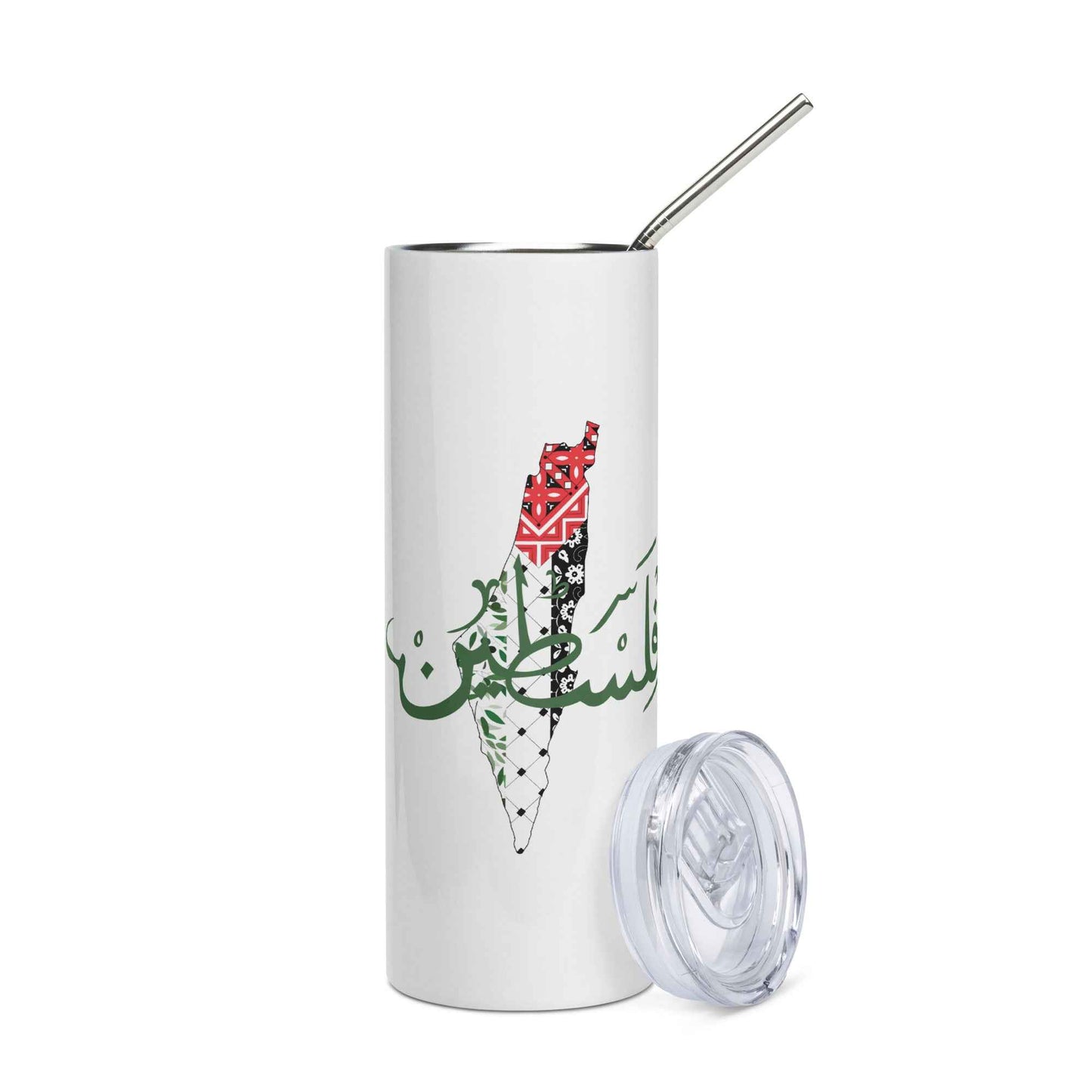 Palestinian Map Stainless Steel Tumblers – Palestine Arabic Calligraphy (20oz)