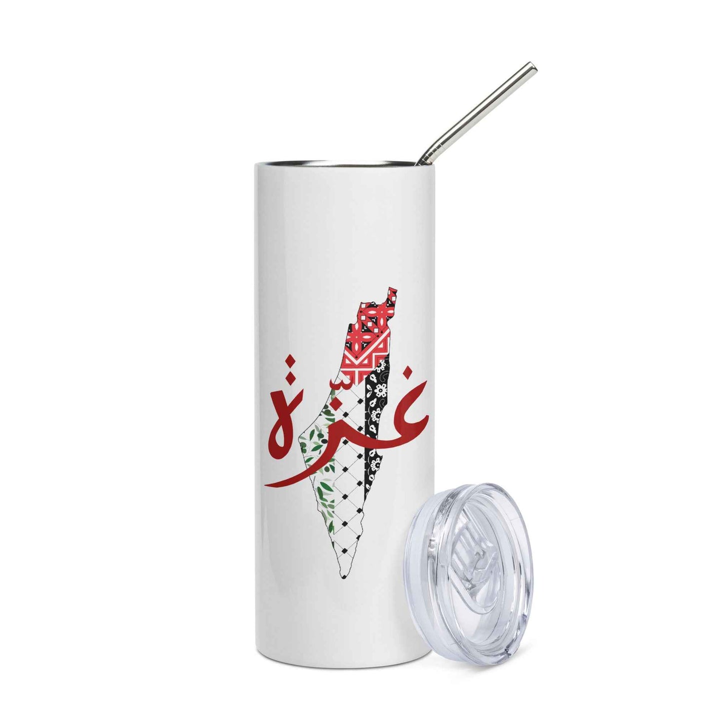 Palestinian Map Stainless Steel Tumblers – Gaza Arabic Calligraphy (20oz)