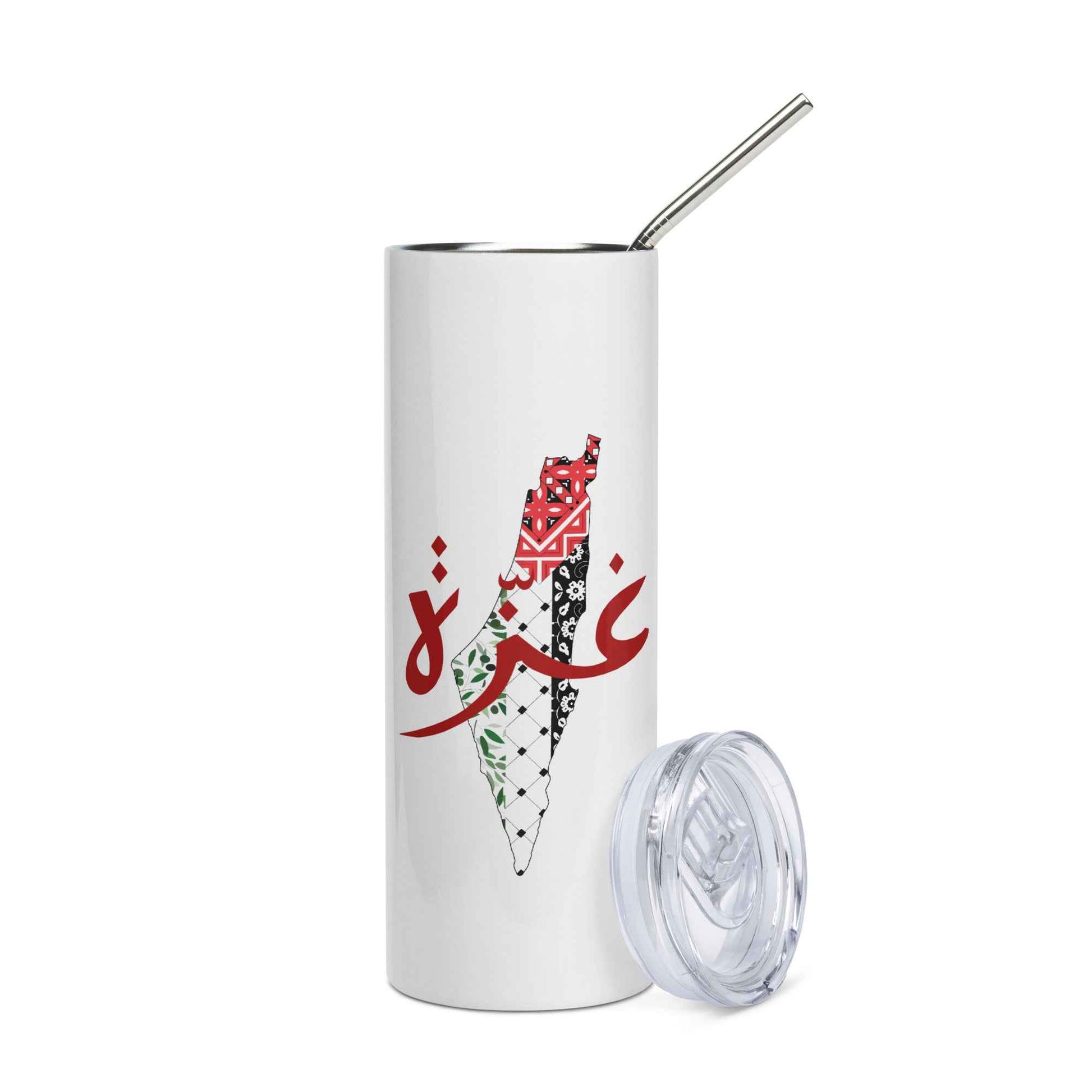 Palestinian Map Stainless Steel Tumblers – Gaza Arabic Calligraphy (20oz)