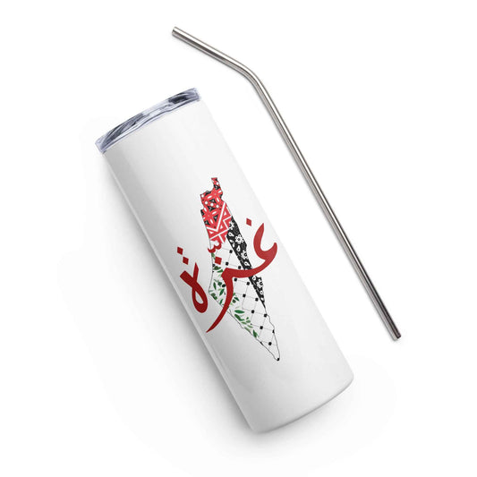 Palestinian Map Stainless Steel Tumblers – Gaza Arabic Calligraphy (20oz)