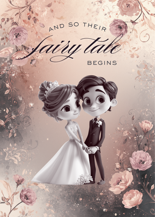 Fairy Tale Wedding Card – Elegant Bride & Groom Illustration